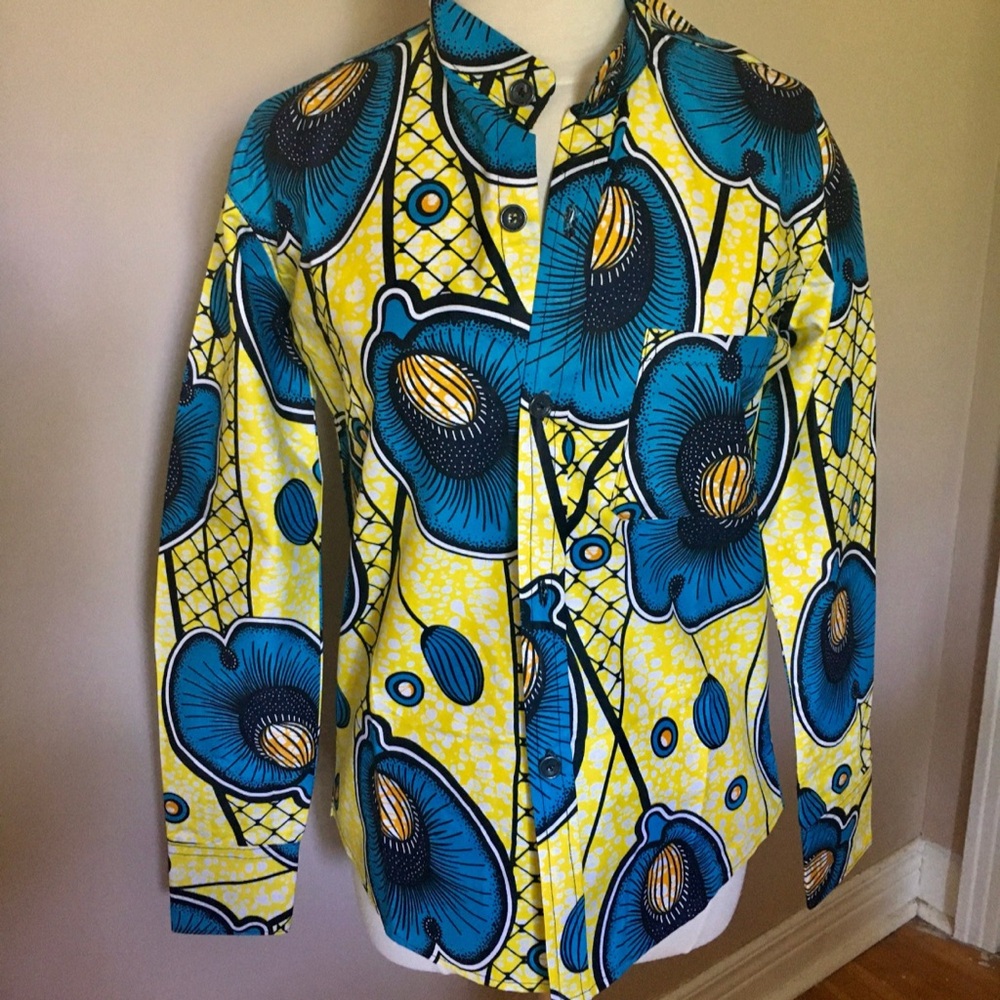 African Wax Print Shirt Bold Blue And Yellow